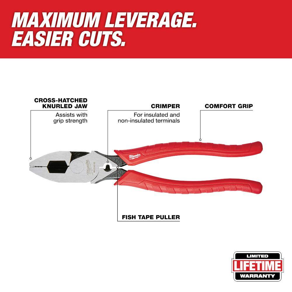 MW 10 in. High Leverage Lineman's Pliers with Crimper and Long Nose Pliers  6 in.10 in. Straight-Jaw Pliers Set (4-Piece) 48-22-6100-48-22-6101-48-22-6330