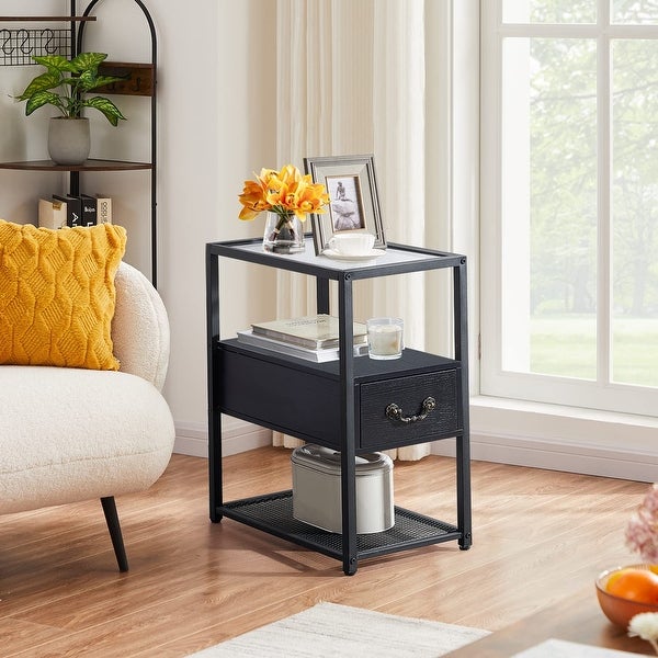 Modern Narrow Tempered Glass End Side Table/Tall Nightstand with Drawer and Shelf