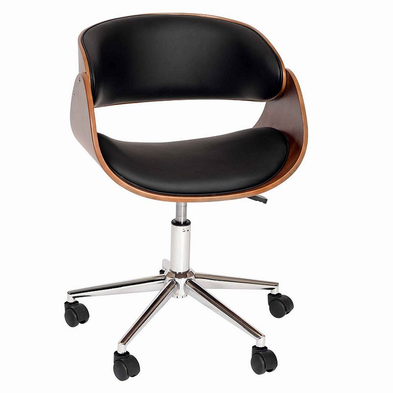 Wooden and Metal Office Chair with Curved Leatherette Seat， Brown and Black