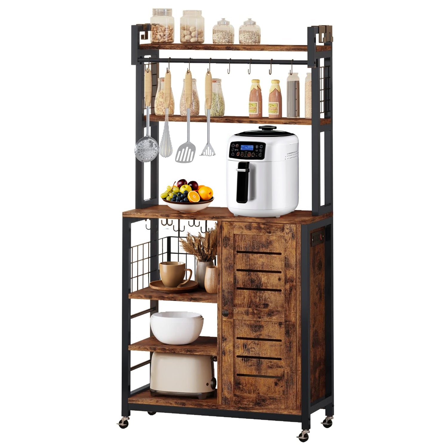 Bakers Rack Microwave Stand Coffee Station Kitchen Storage with Power Outlets, Wheels & Feet, Cabinets, and 10 S-Hooks