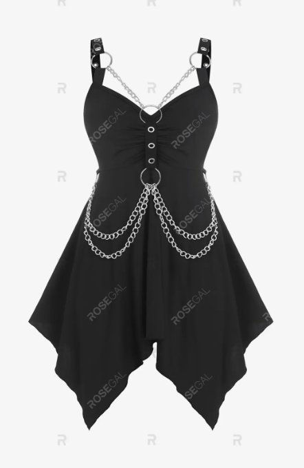 Gothic O Ring Chains Handkerchief Tank Top and Rose Leggings Plus Size Summer Outfit