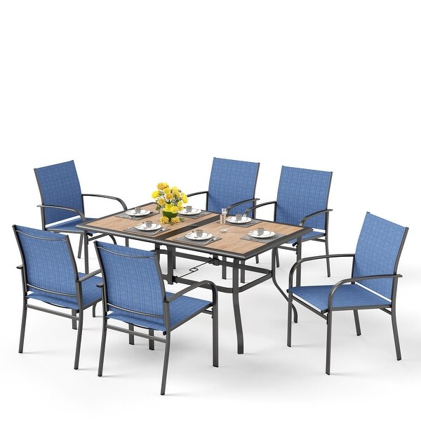 MAISON ARTS 7Piece Patio Dining Set Woodlook Rectangle Table and 6 Textilene Chairs