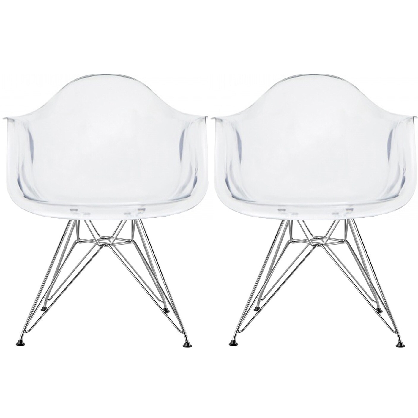 2xhome - Set of 2 Clear Modern Designer Acrylic Plastic Chair With Arms Armchairs Dining Silver Solid Chrome Office