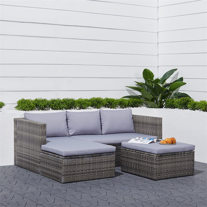 Vifah Daytona 3 Pc Cushioned Wicker Patio Corner Sofa with Ottoman   Light Gray   Tropical   Outdoor Sofas   by Vifah  Houzz