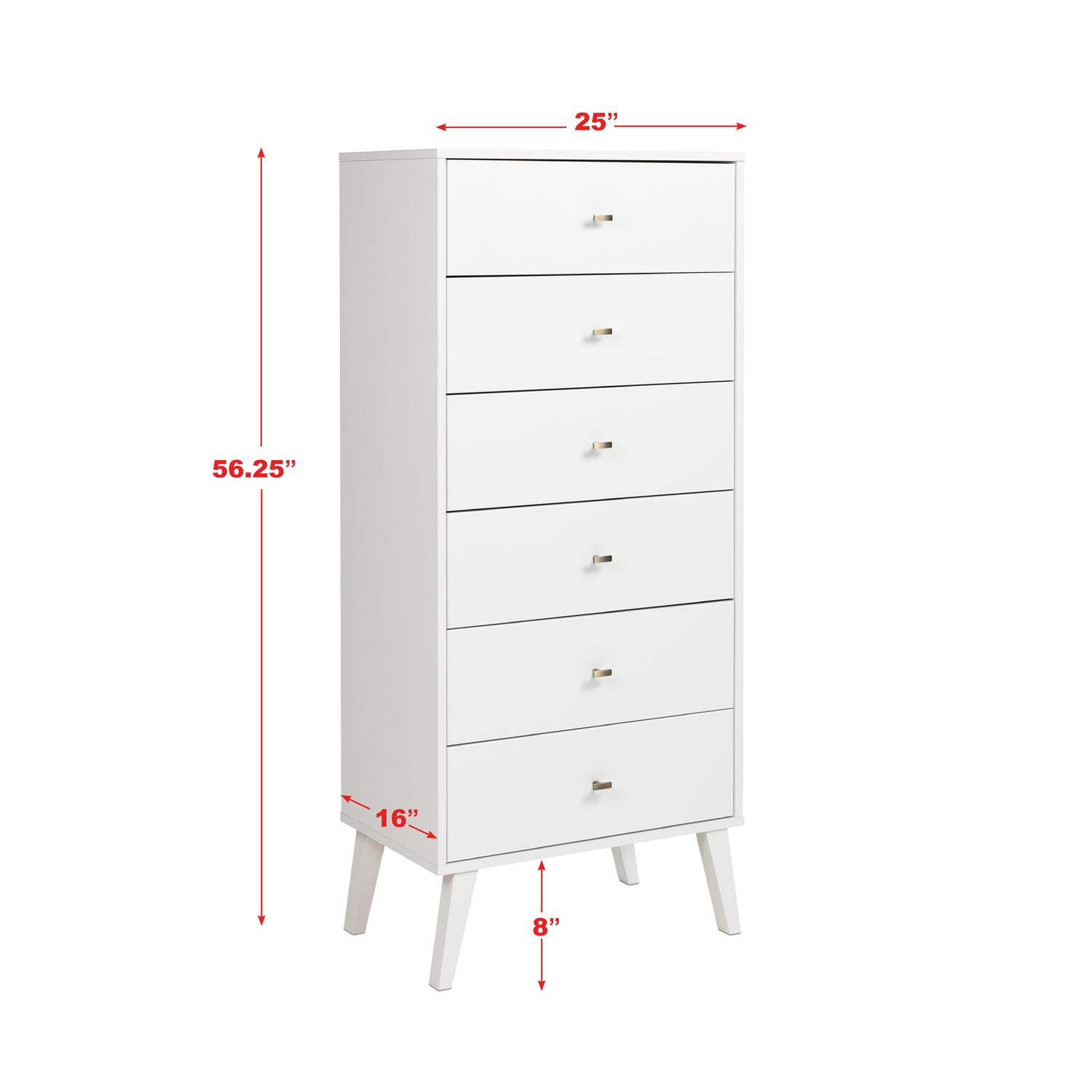 Prepac Milo Mid-Century Modern Tall 6-Drawer Lingerie Chest, White