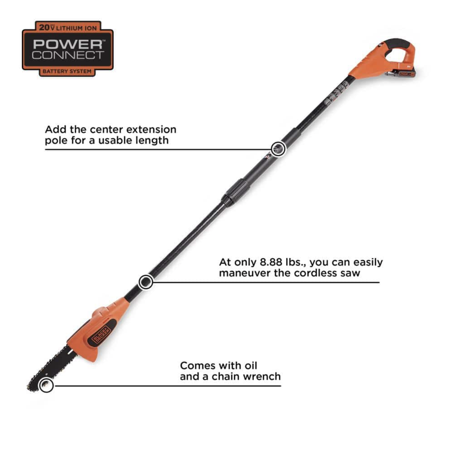 Black+Decker 20v Max 8in. Cordless Battery Powered Pole Saw， Tool Only