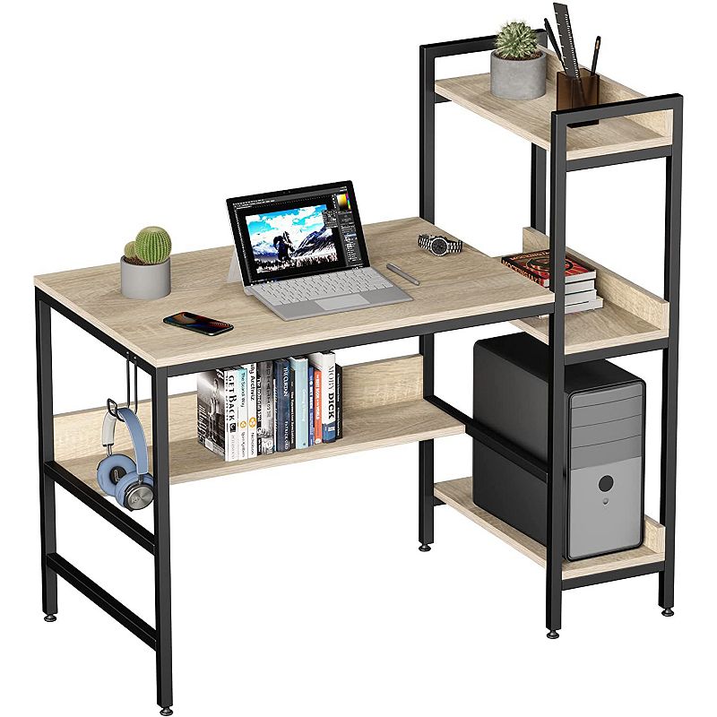 Bestier Computer Office Desk Workstation with Side Storage Shelves and Hook， Oak