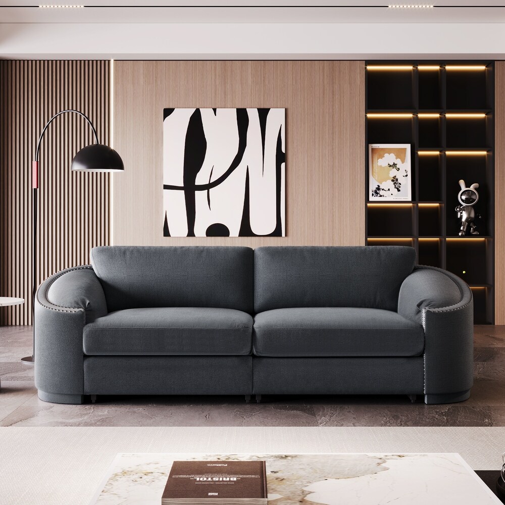 Modern 3 Seater/Plus Loveseat Sofa Polyester Upholstered Couch with Semilunar Arm and Rivet Detailing for Living Room