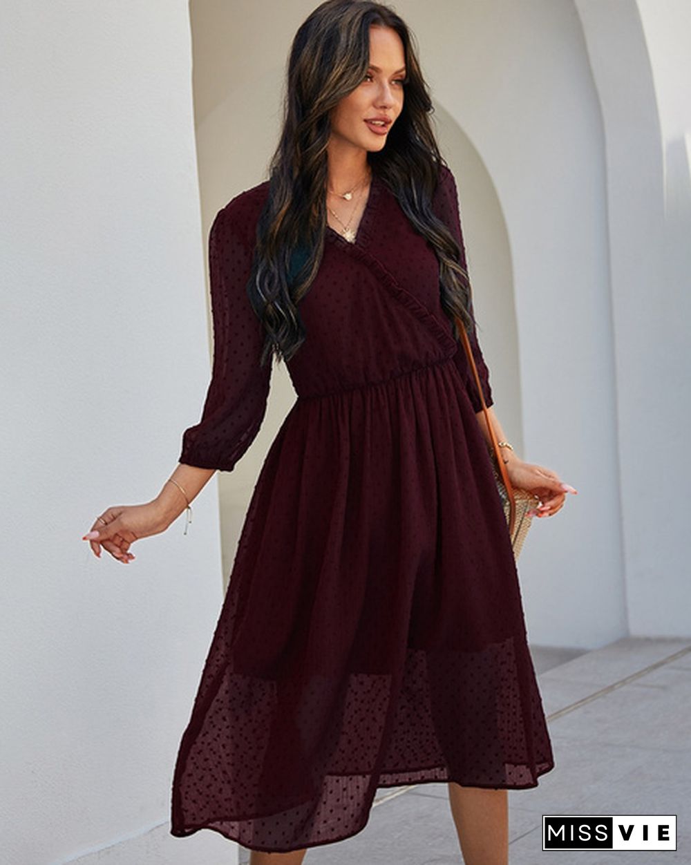 Spring and Summer Women Fashion Chiffon Dress V-neck Middle Sleeve Slim Waist Dress Long Skirt (5 Colors)