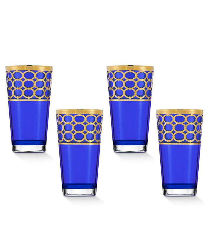 Lorren Home Trends Cobalt Blue High Ball with Gold-Tone Rings Set of 4