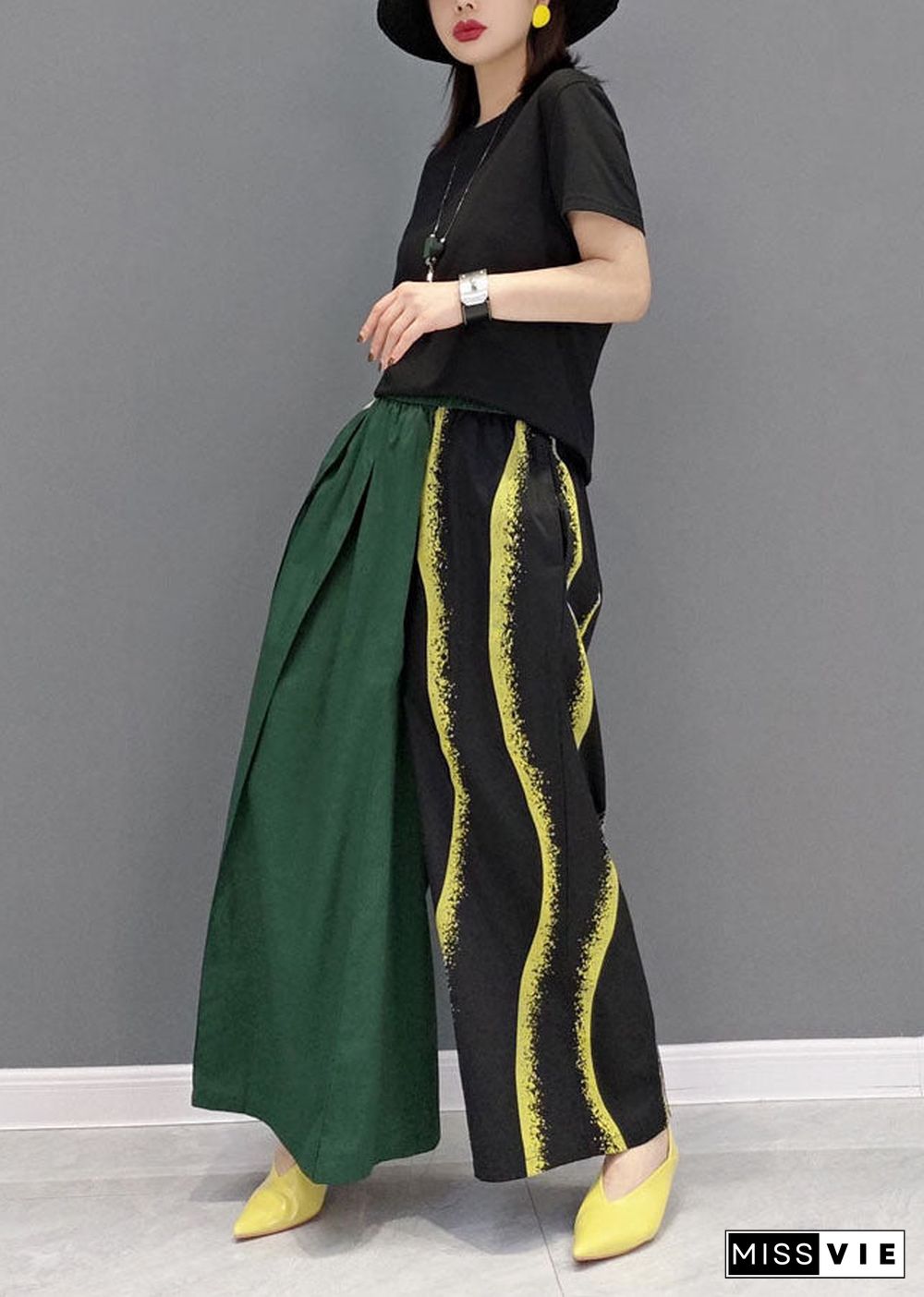 Green Asymmetrical Design Cotton Pants Skirt Elastic Waist Spring