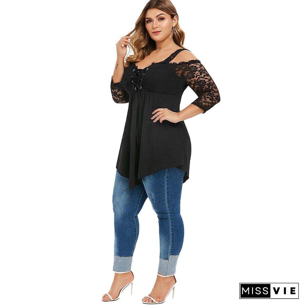 6XL Plus Size Spaghetti Strap Lace Women T-Shirt Summer Mesh Black Loose Lady knit Tshirt Tee Tops 3/4 Sleeve Female Blusas D30