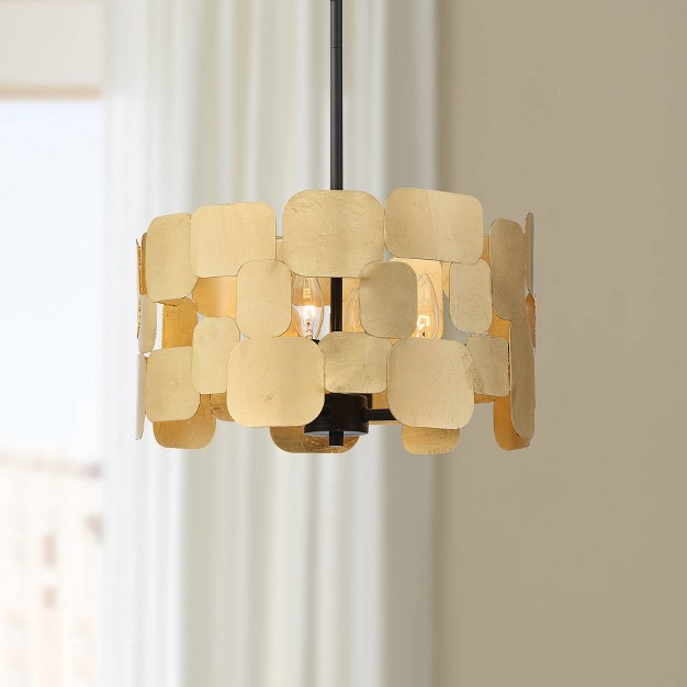 Wide Modern Gold Leaf Drum Shade 4 light Fixture For Dining Room House Foyer Kitchen Island