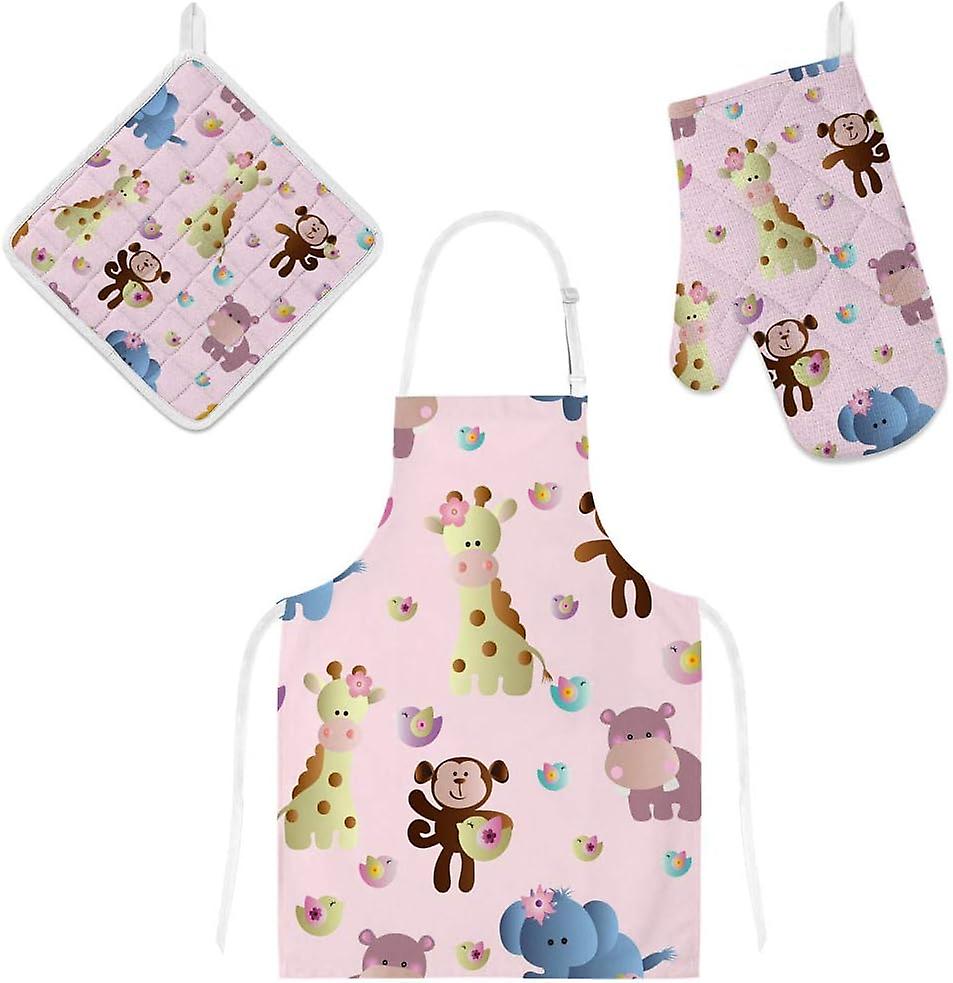 Insulation Kitchen Oven Mitts Potholder Apron 3pcs Set Cute African Animals Non Slip Heat Resistant Gloves For Baking Cooking Bbq