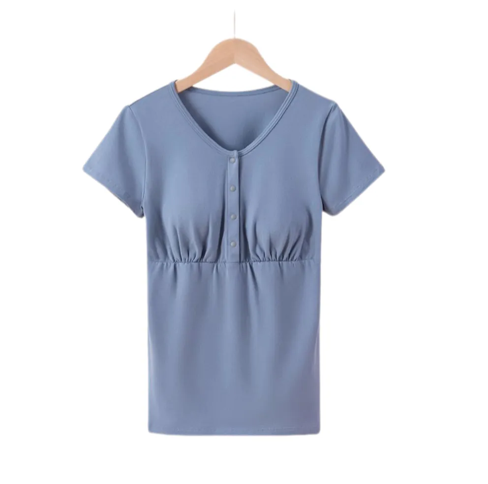 Postpartum Nursing Cotton T-Shirt – Loose Fit, Front-Button Maternity Top for Summer