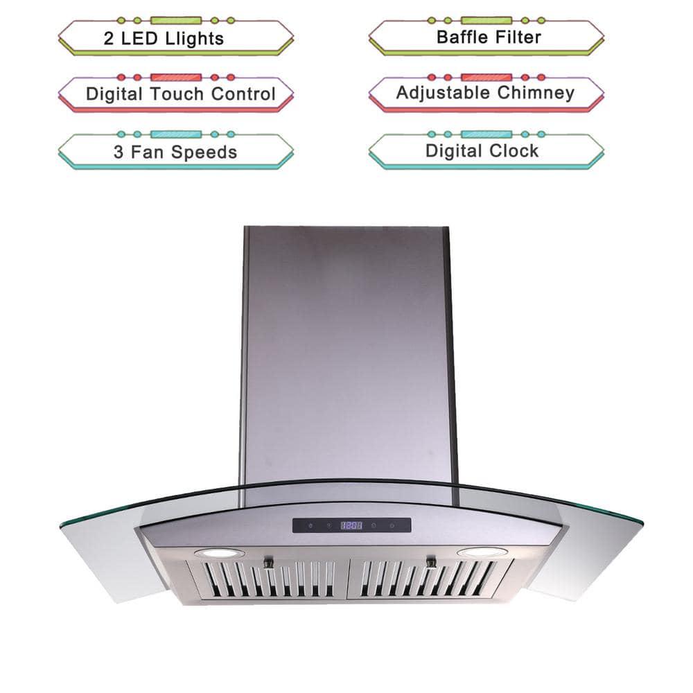 Edendirect 30 in Silver Wall Mounted Range Hood Ducted 700CFM Tempered Glass Touch Panel Control Vented LEDs with light