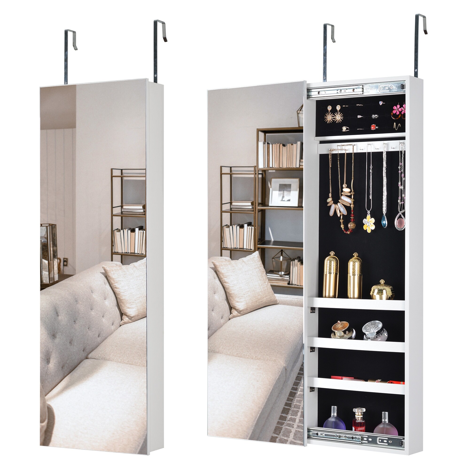 Full Mirror Jewelry Storage Cabinet With with Slide Rail， Can Be Hung On The Door Or Wall - - 37179007