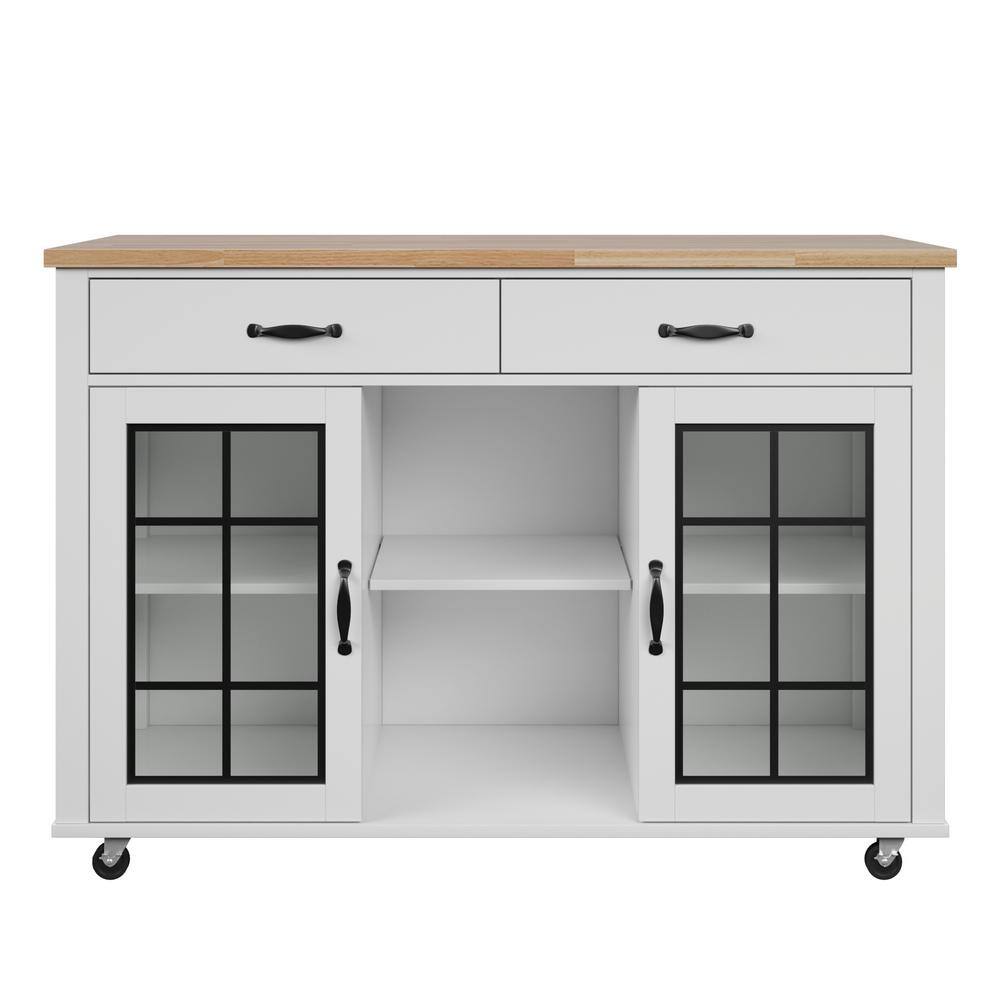 Twin Star Home Brilliant White and Wood Top 50 in. Kitchen Island with Cabinets and Optional Casters KC8671-PF08