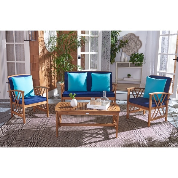 SAFAVIEH Outdoor Living Fontana Acacia/Navy Cushion 4piece Patio Set