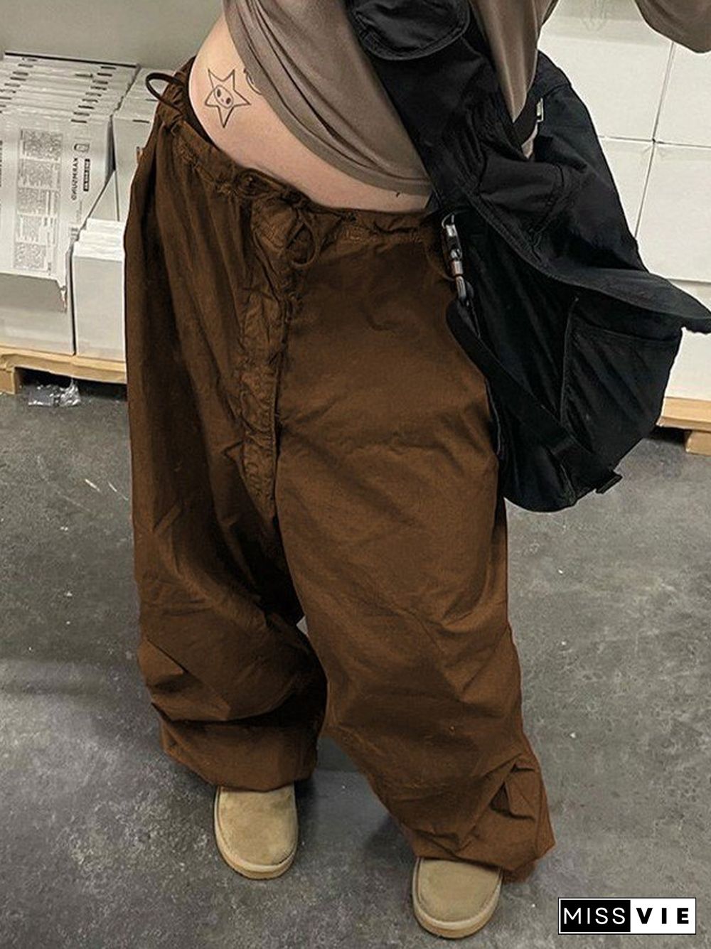 Loose Fit Brown Parachute Cargo Pants