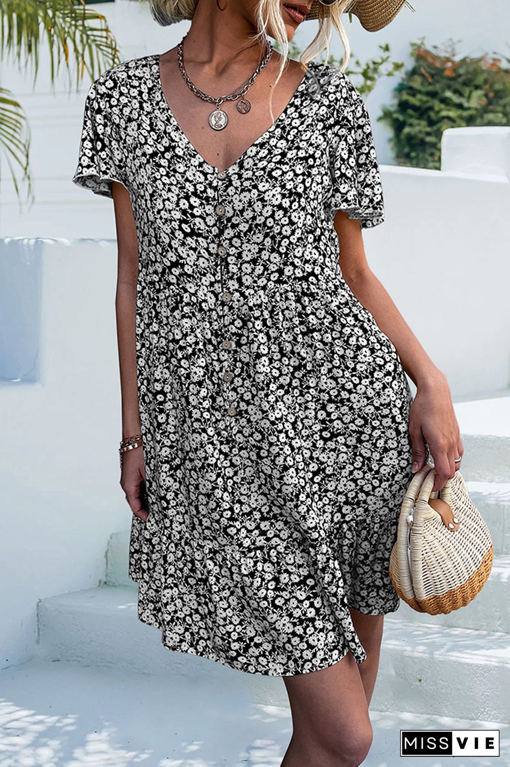 V Neck Button Short Sleeves Floral Dress