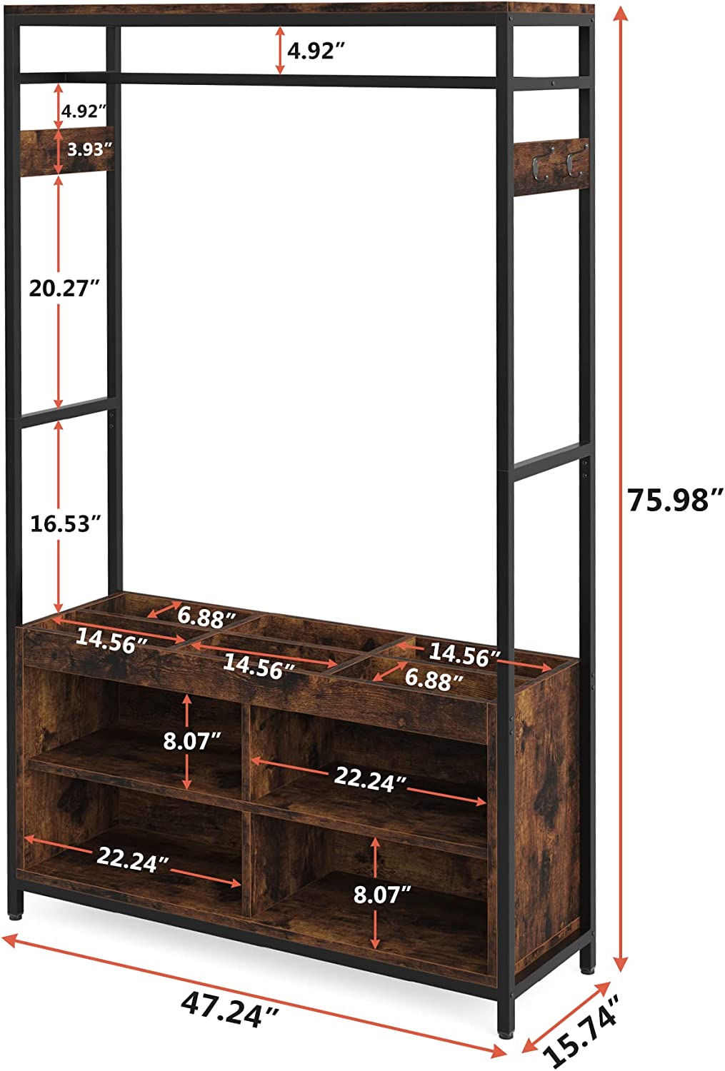 Tribesigns Freestanding Closet Organizer, Wooden Garment Rack for Hanging Clothes, Heavy Duty Wardrobe Rack with Storage, Industrial Clothing Racks with 6-Grid Organizer Box,Rustic Brown