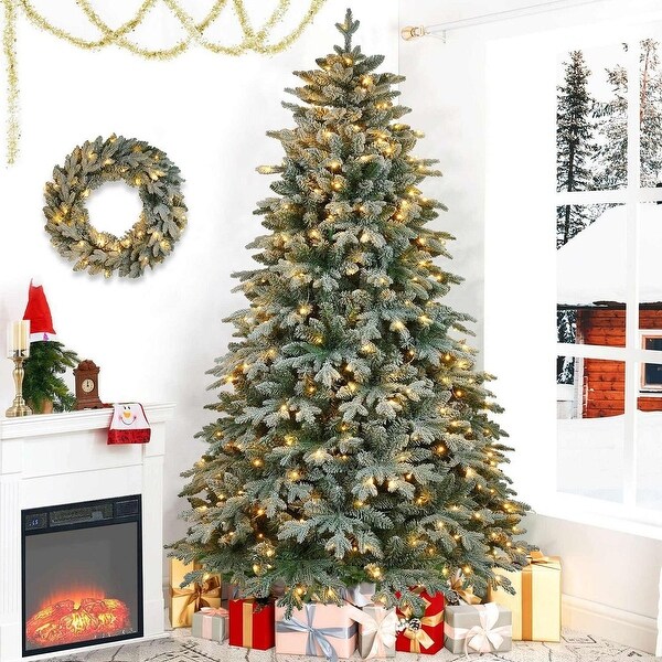 7ft Lighted Artificial Christmas Tree with 1300 Branches，Durable Metal Stand，Easy Assembly，Hinged Xmas Tree