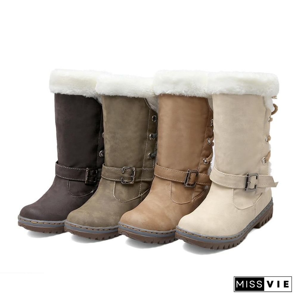 Women Leather Warm mid-calf Plush Fur Velvet Boots Booties Snow Shoes