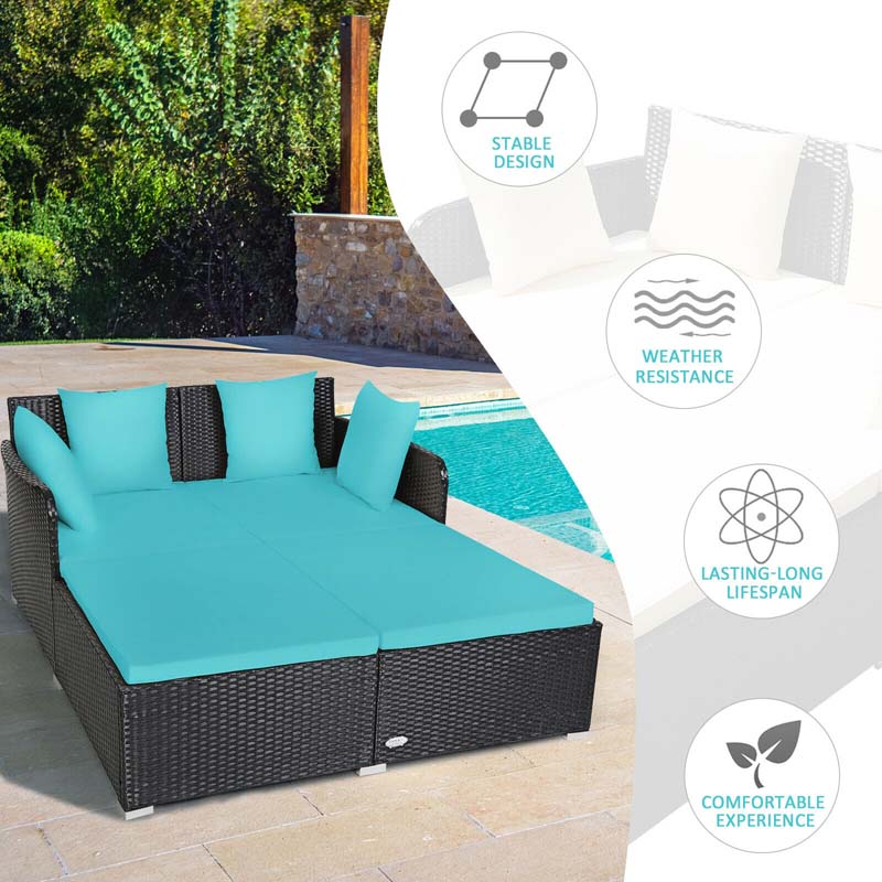 Rattan Wicker Outdoor Daybed Patio Furniture Cushioned Sofa Set with Thick Pillows