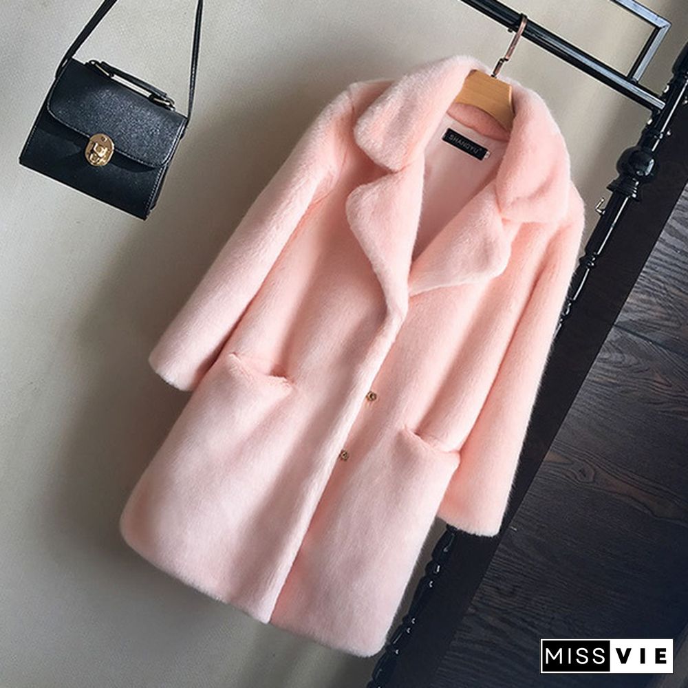 Women Mink Faux Fur Coat Solid Female Turn Down Collar Winter Warm Fur Lady Overcoat Casual Jacket