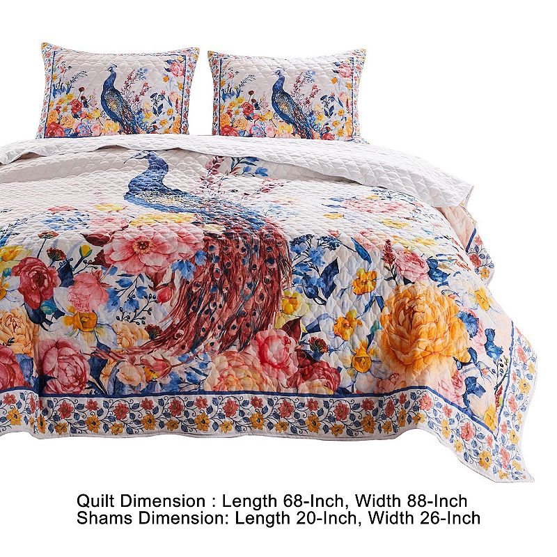 Tess Microfiber 2 Piece Twin Quilt Set， Peacock， Floral Print， Multicolor