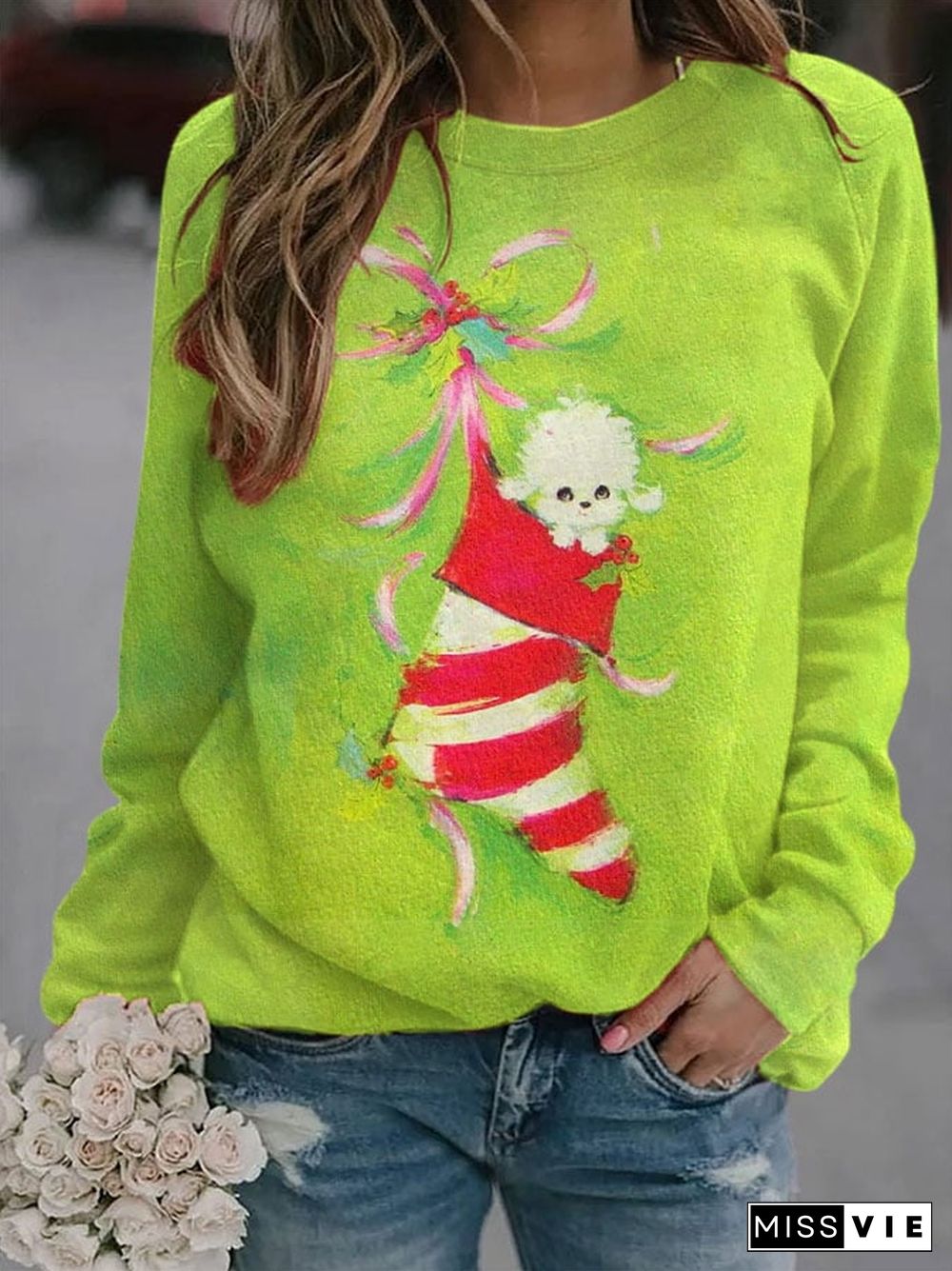 Women's Vintage Christmas Puppy Print Casual Sweatshirt