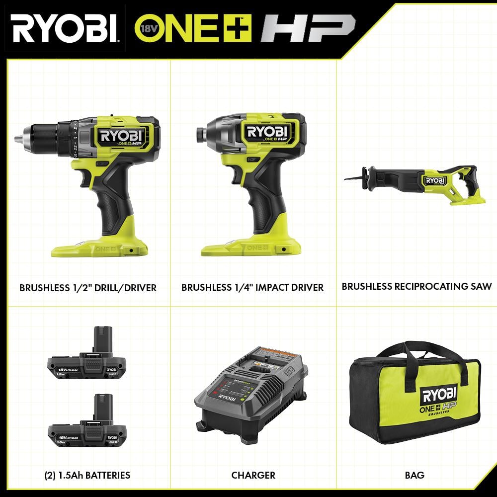 RYOBI ONE+ HP 18V Brushless Cordless 3-Tool Combo Kit with (2) 1.5 Ah Batteries, Charger, and Bag PBLCK33K2N