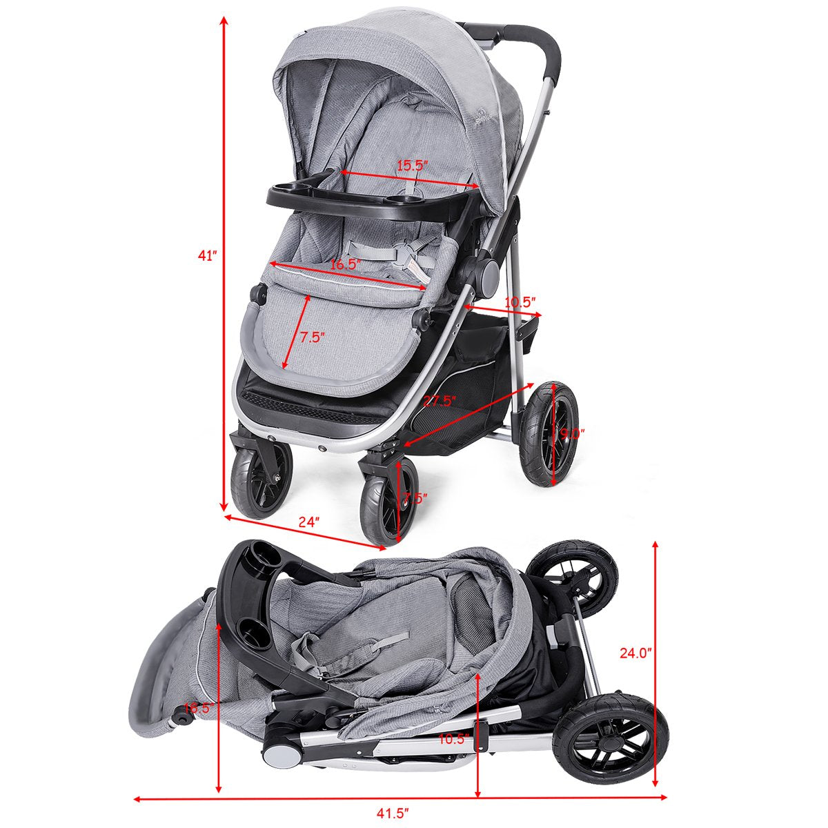 Costzon Baby Stroller, 2-in-1 Convertible Baby Carriage, Infant Pram Stroller with Cup Holder and 5-Point Safety System (Gray)