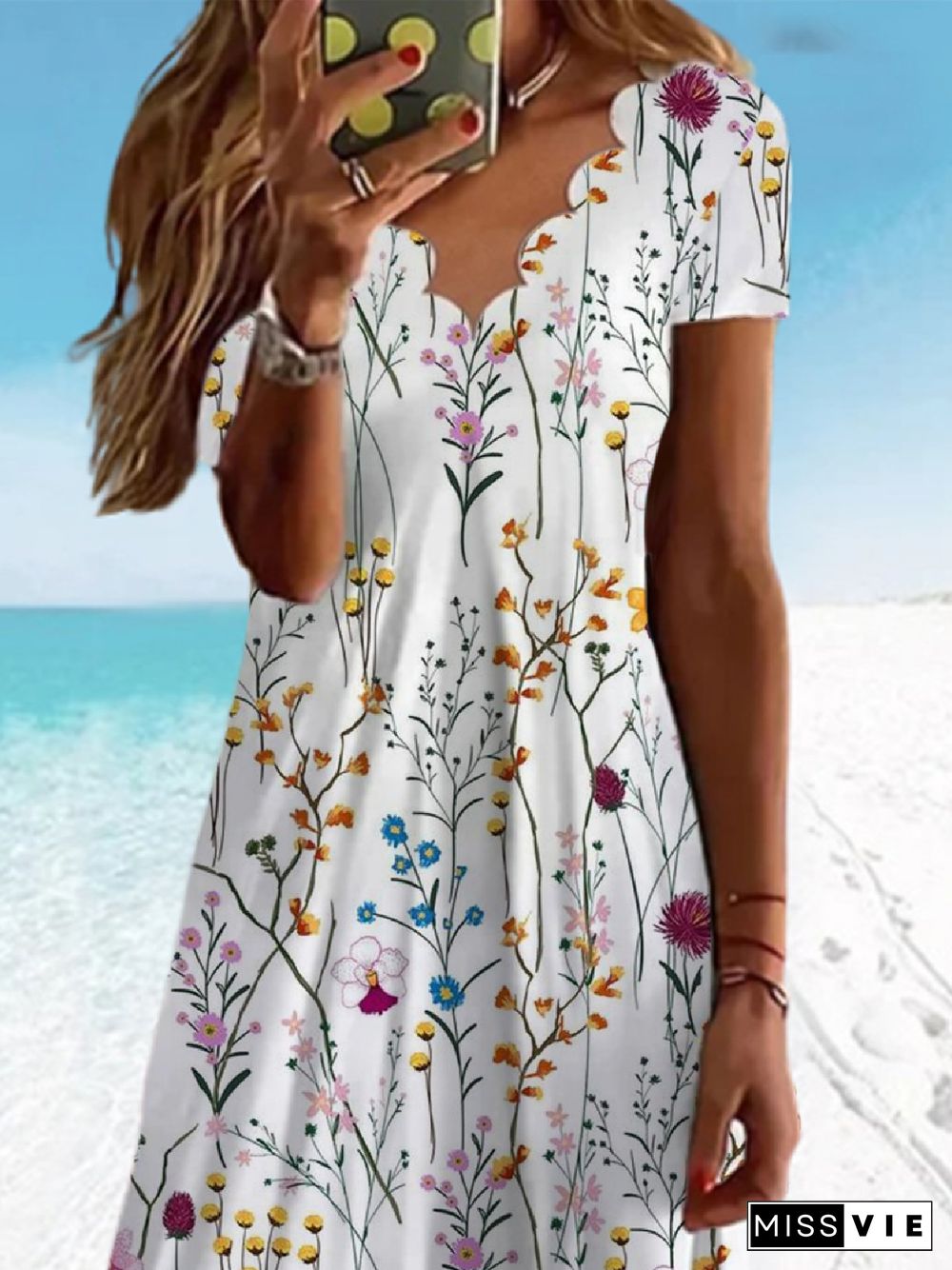 Casual Floral V Neck Short Sleeve Knit Dress