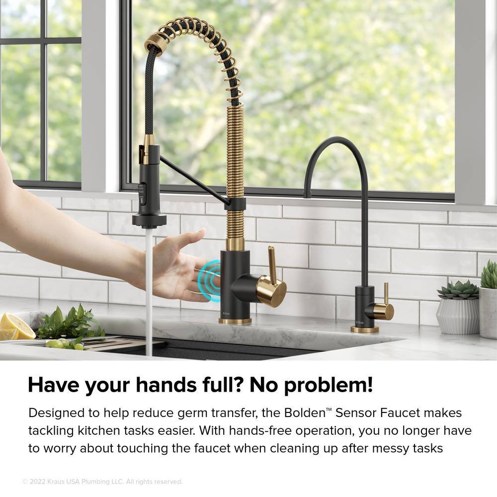 KRAUS Bolden Touchless Sensor Commercial Style Pull-Down Single Handle Kitchen Faucet in Brushed BrassMatte Black KSF-1610BBMB