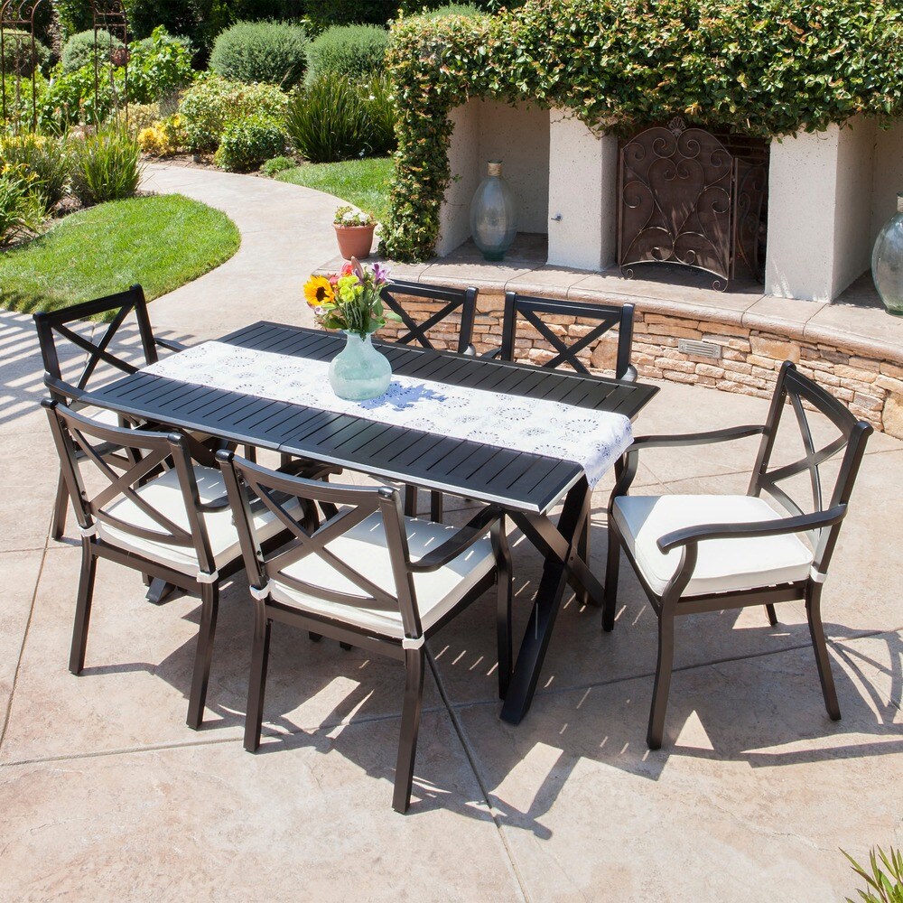 Exuma Outdoor Black Cast Aluminum Dining Set with Ivory Water Resistant Cushions by Christopher Knight Home