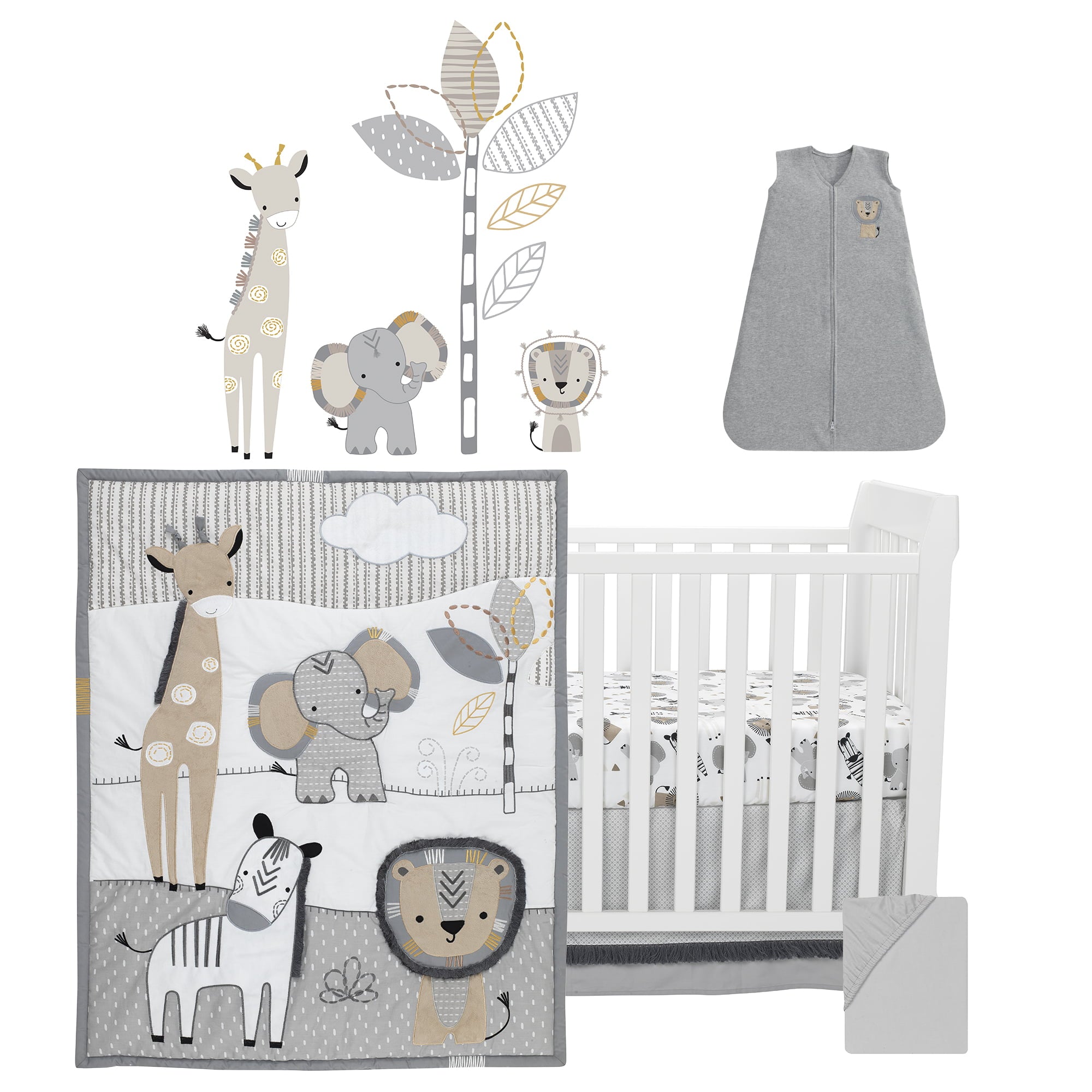 Lambs and Ivy Jungle Safari Gray/Tan/White Nursery 6-Piece Baby Crib Bedding Set