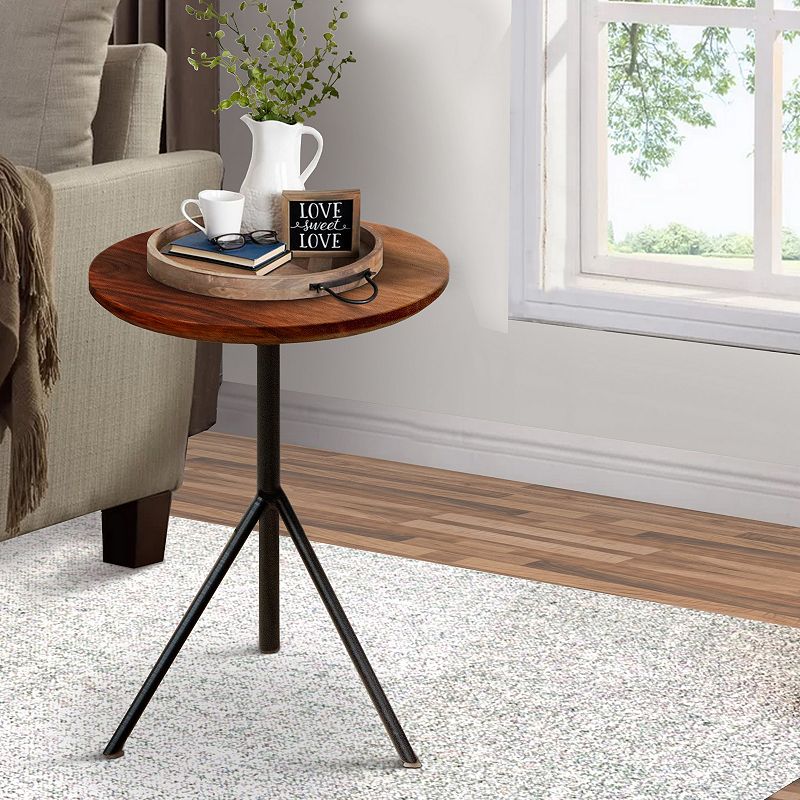 19 Inch Handcrafted Round Acacia Wood End Side Table， Sleek Tripod Metal Base， Walnut Brown， Black