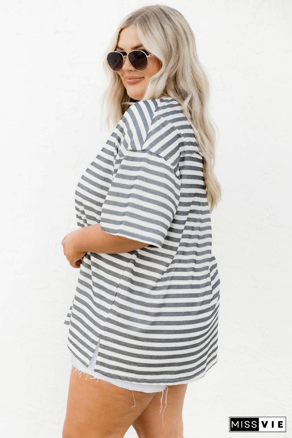 Plus Size Striped Short Sleeve Henley Tee