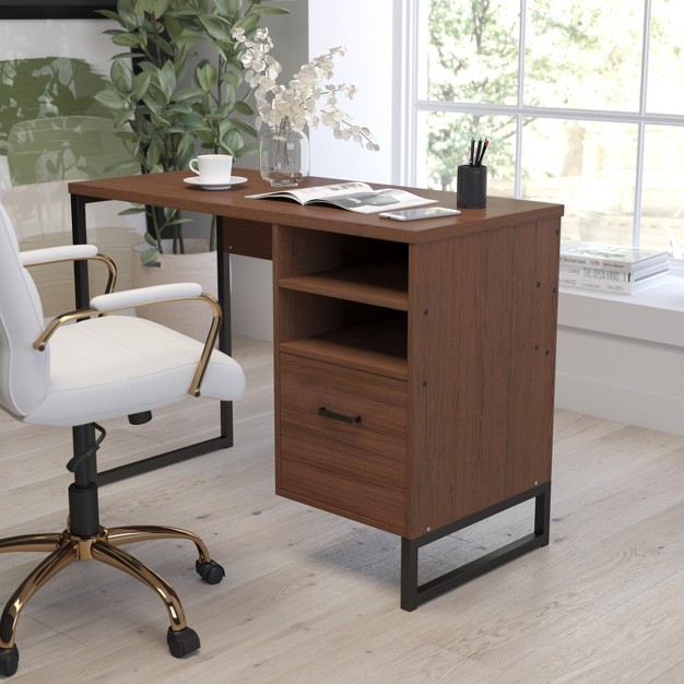 Merrick Lane Rustic Computer Desk With Shelving And Storage Drawer Metal Frame Pedestal Base Home Office Desk