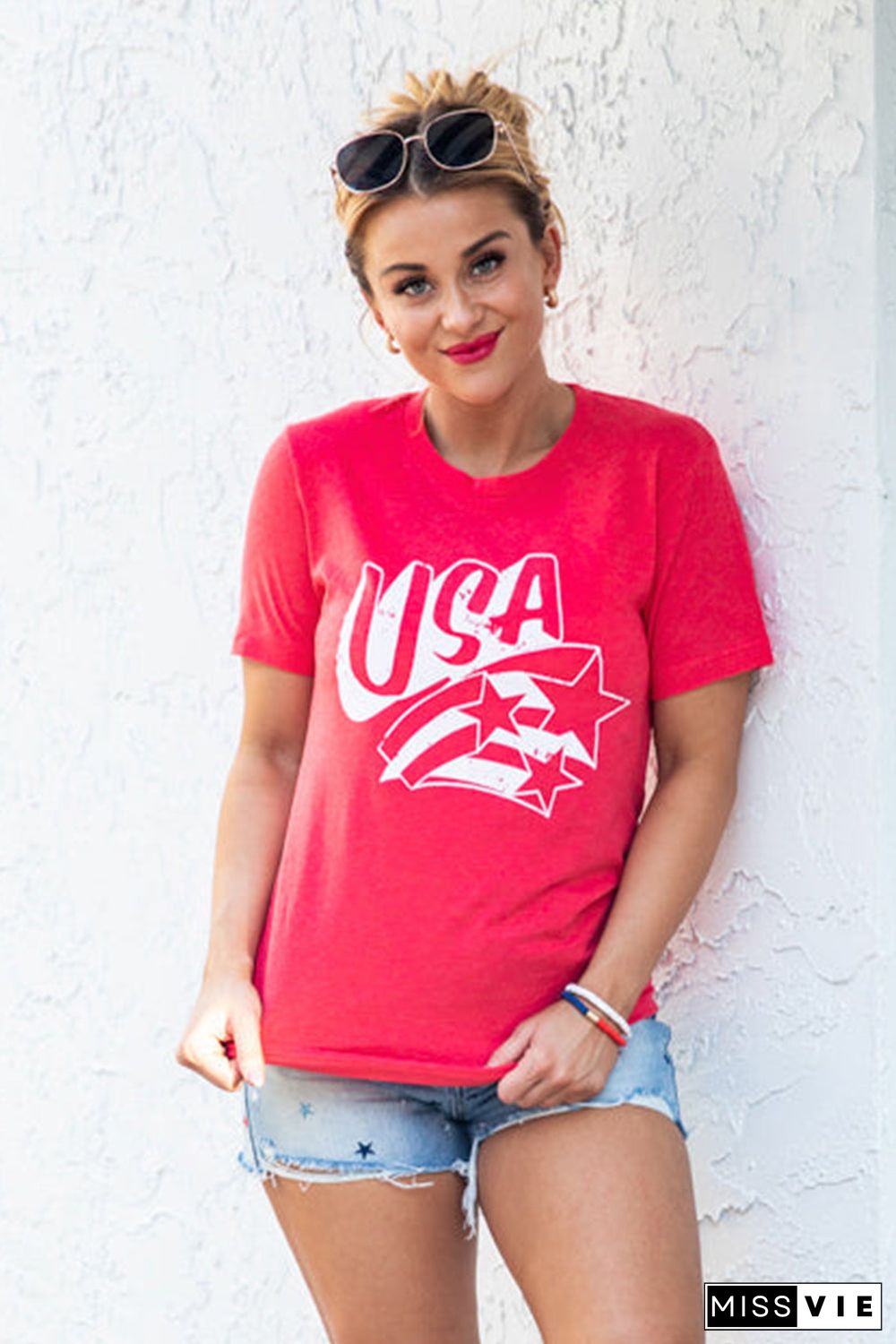 Red USA Stars Graphic Vintage Tee