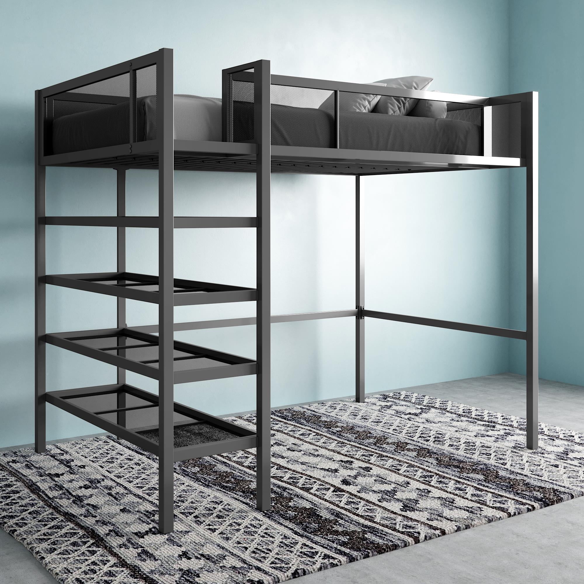 Mainstays Metal Storage Loft Bed with Book Case, Black, Twin