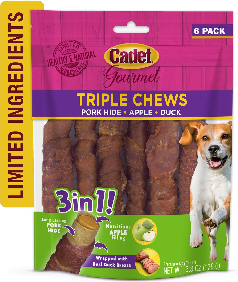 Cadet Gourmet Triple Chews Apple， Duck and Pork Hide Twists Dog Treats， 6 count