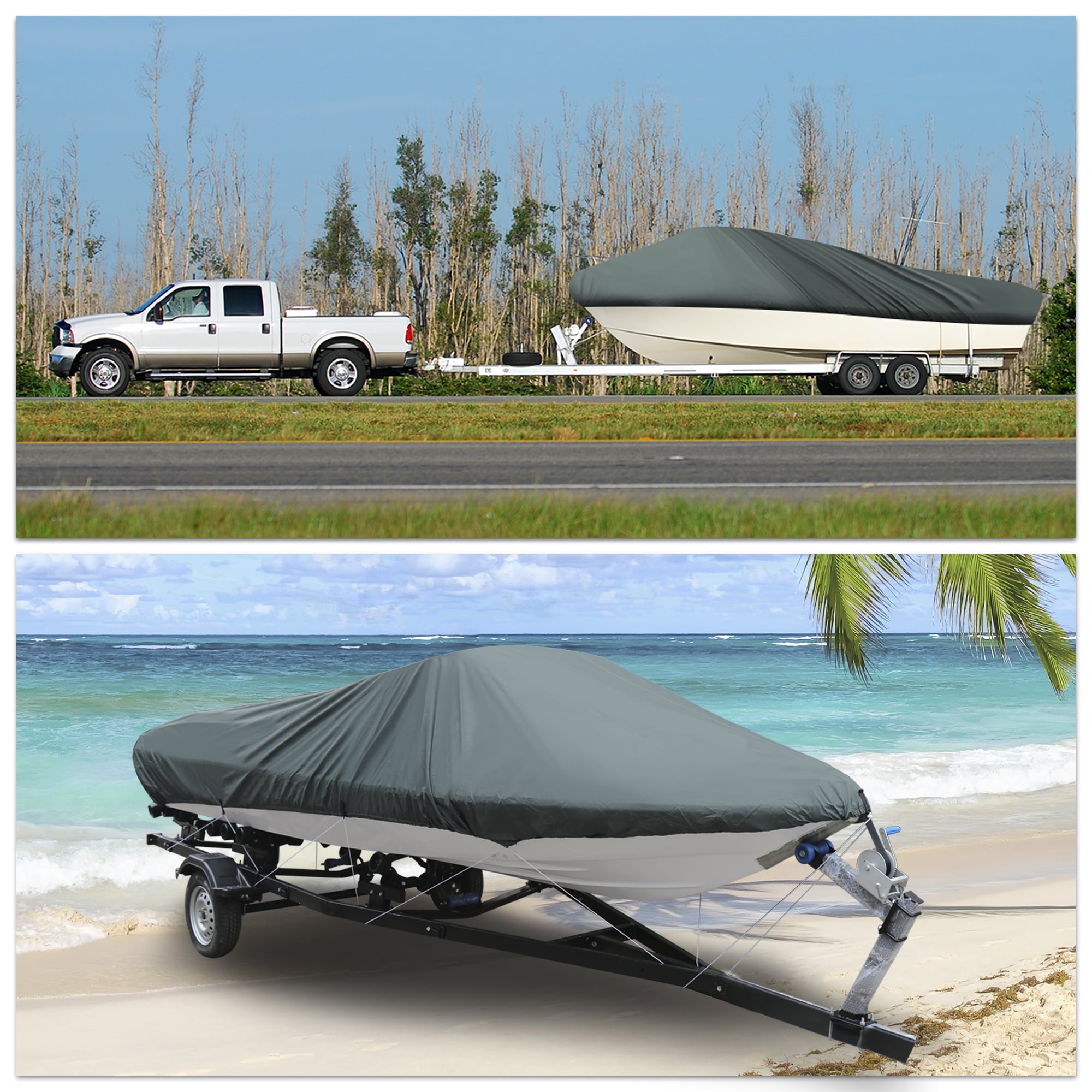 V-Hull 210-Denier Waterproof Boat Cover for 14'-16' Trailerable Fishing Ski Boats Runabout Covers Gray