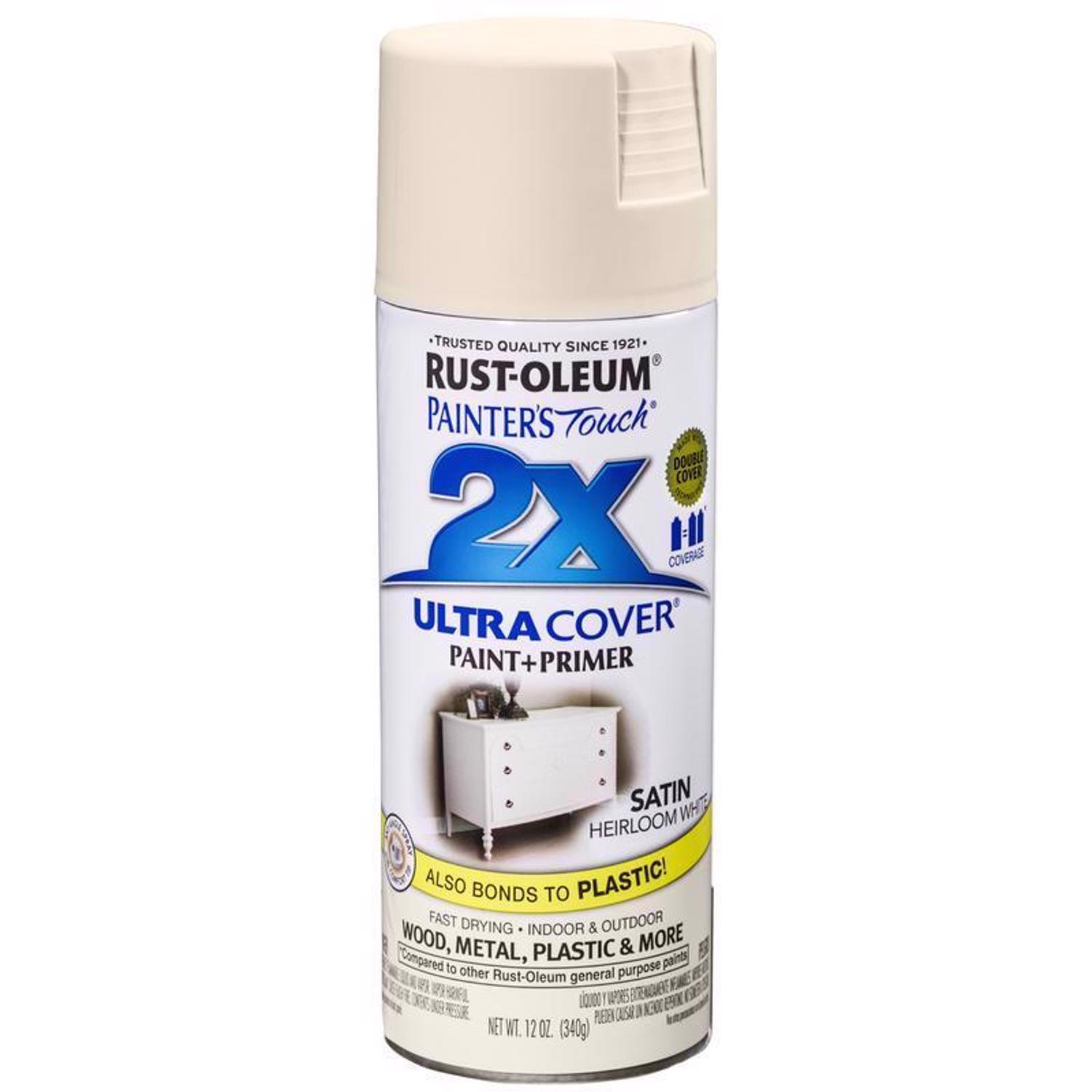 Rust-Oleum Painter\u0027s Touch 2X Ultra Cover Satin Heirloom White Paint+Primer Spray Paint 12 oz