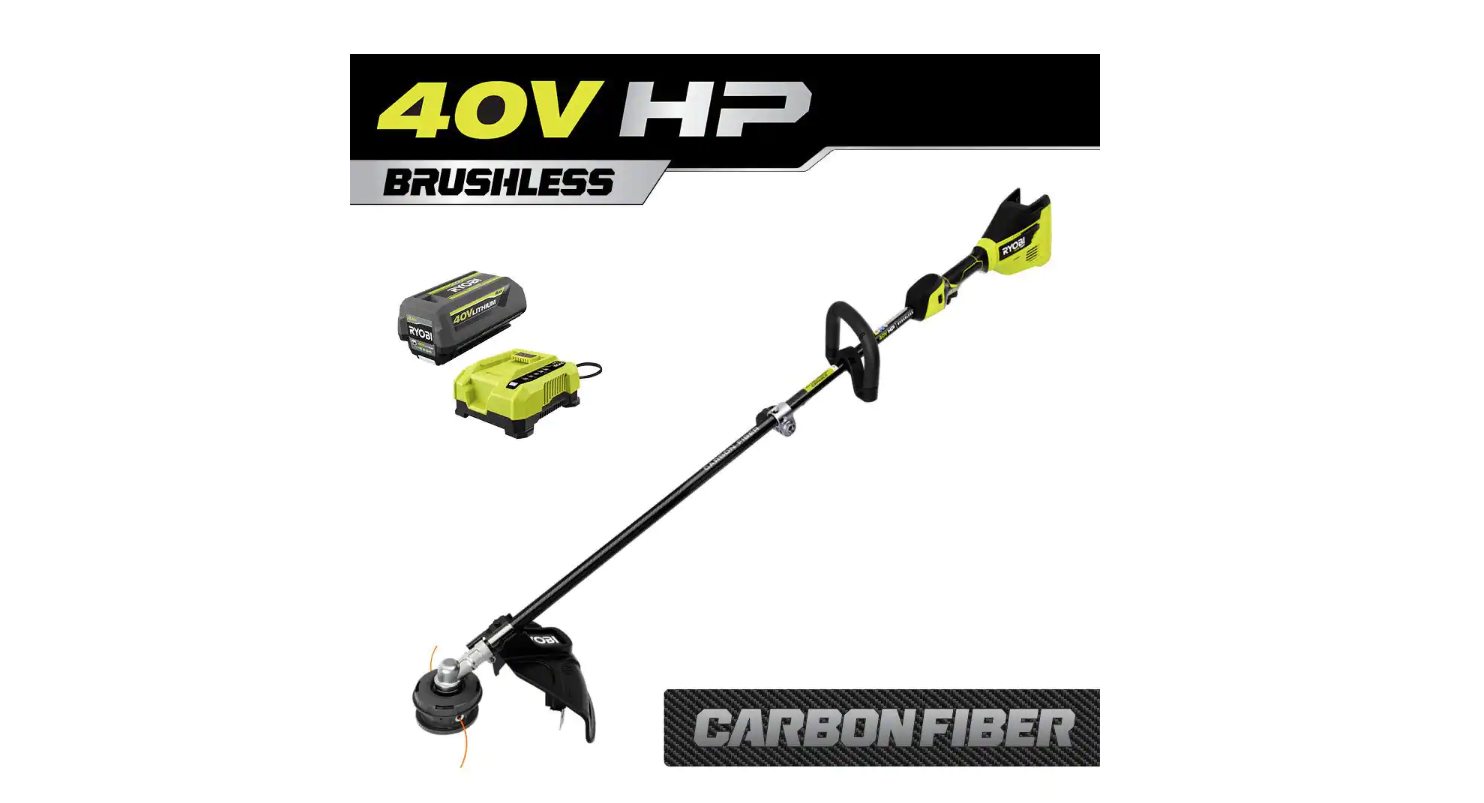 RYOBI RY40290VNM 40V HP Brushless 15 in. Cordless Carbon Fiber Shaft Attachment Capable String Trimmer with 4.0 Ah Battery and Charger