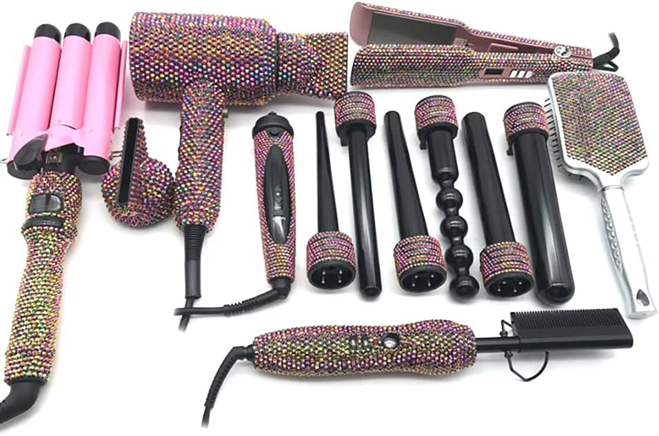 Diamond Hair Curler Ceramic Curling Iron Styling Tools Set Bling Hair Straightener Hot Comb Set (Clear AB)