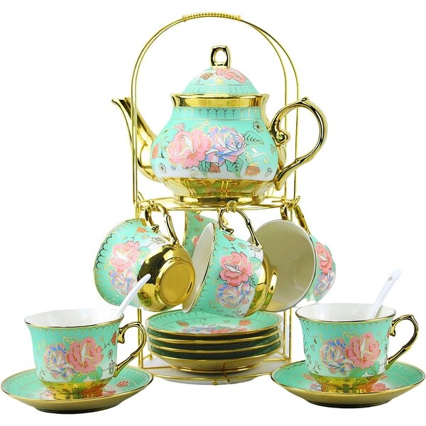 20 Pieces Porcelain Chinese Tea Set With Holder and Painting，Green