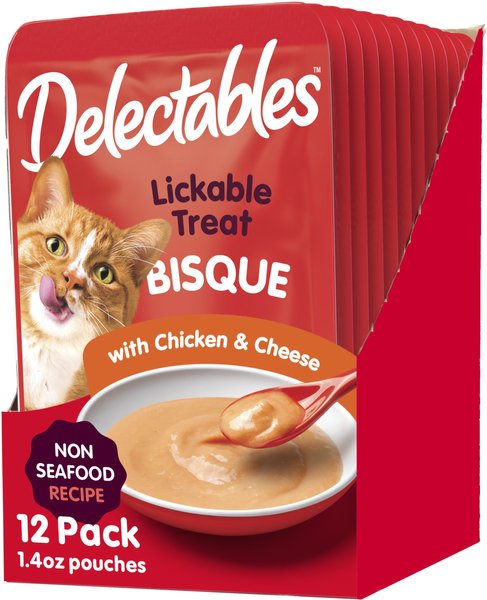 Hartz Delectables Bisque Non-Seafood Recipe Chicken and Cheese Lickable Wet Cat Treats， 1.4-oz， case of 12